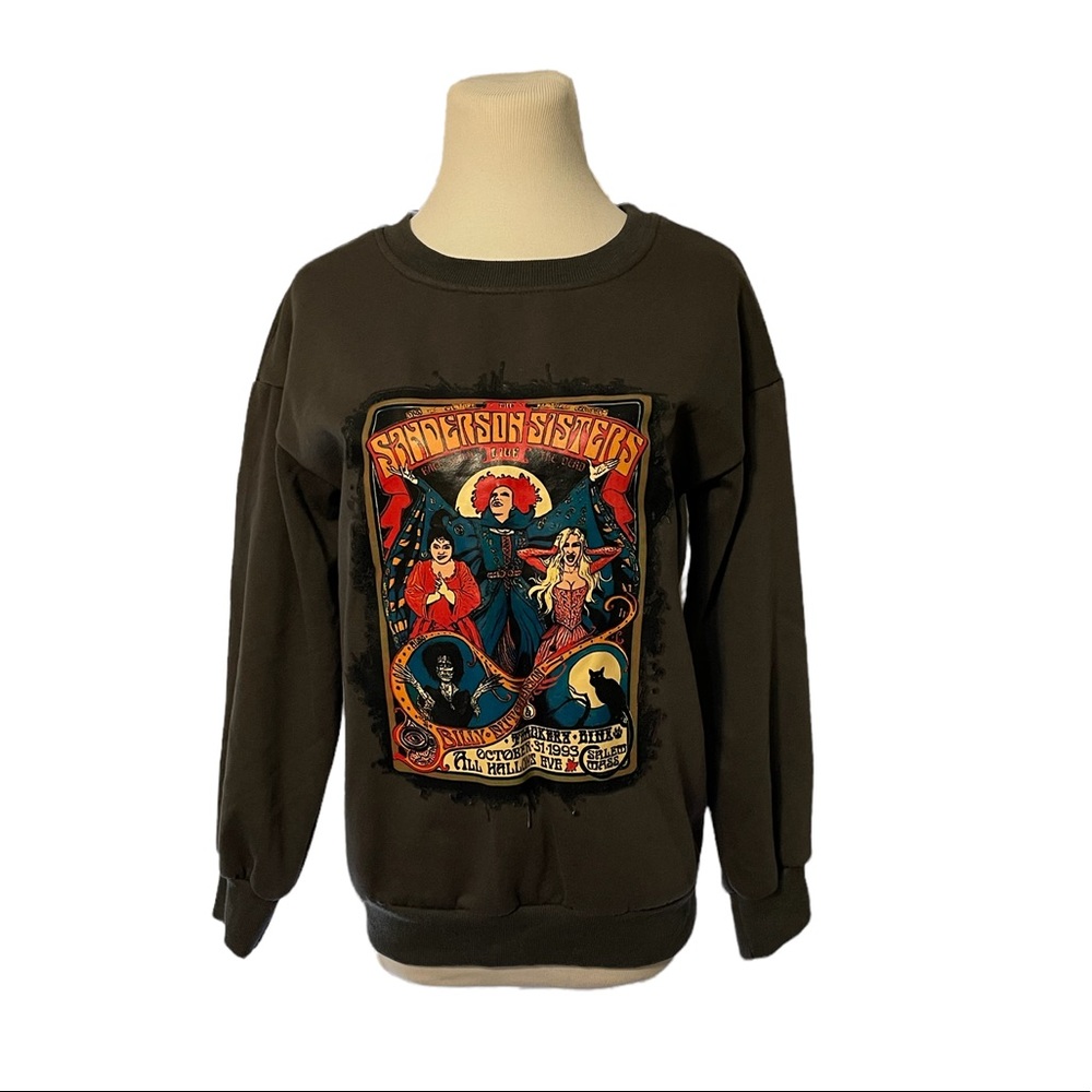 Hocus Pocus M Cotton Dark Gray Vinyl Print Sanderson Sisters Pullover Sweatshirt